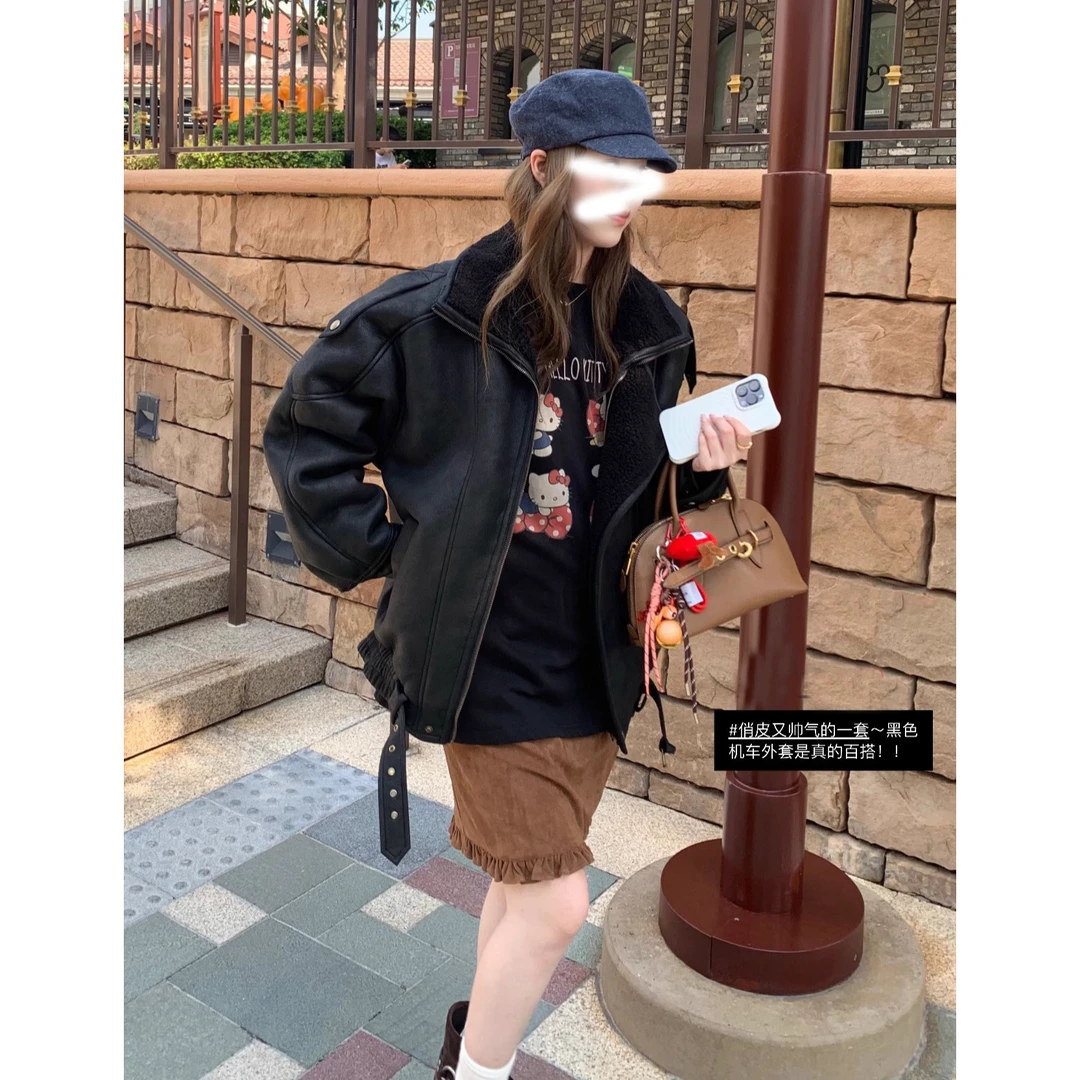 热可可 双翻领皮毛一体外套女冬羊羔毛鹿皮绒夹克帅气机车服上衣