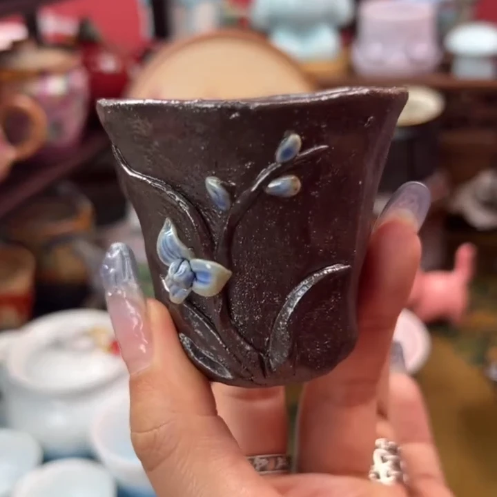 老陶泥手雕兰花闻香杯