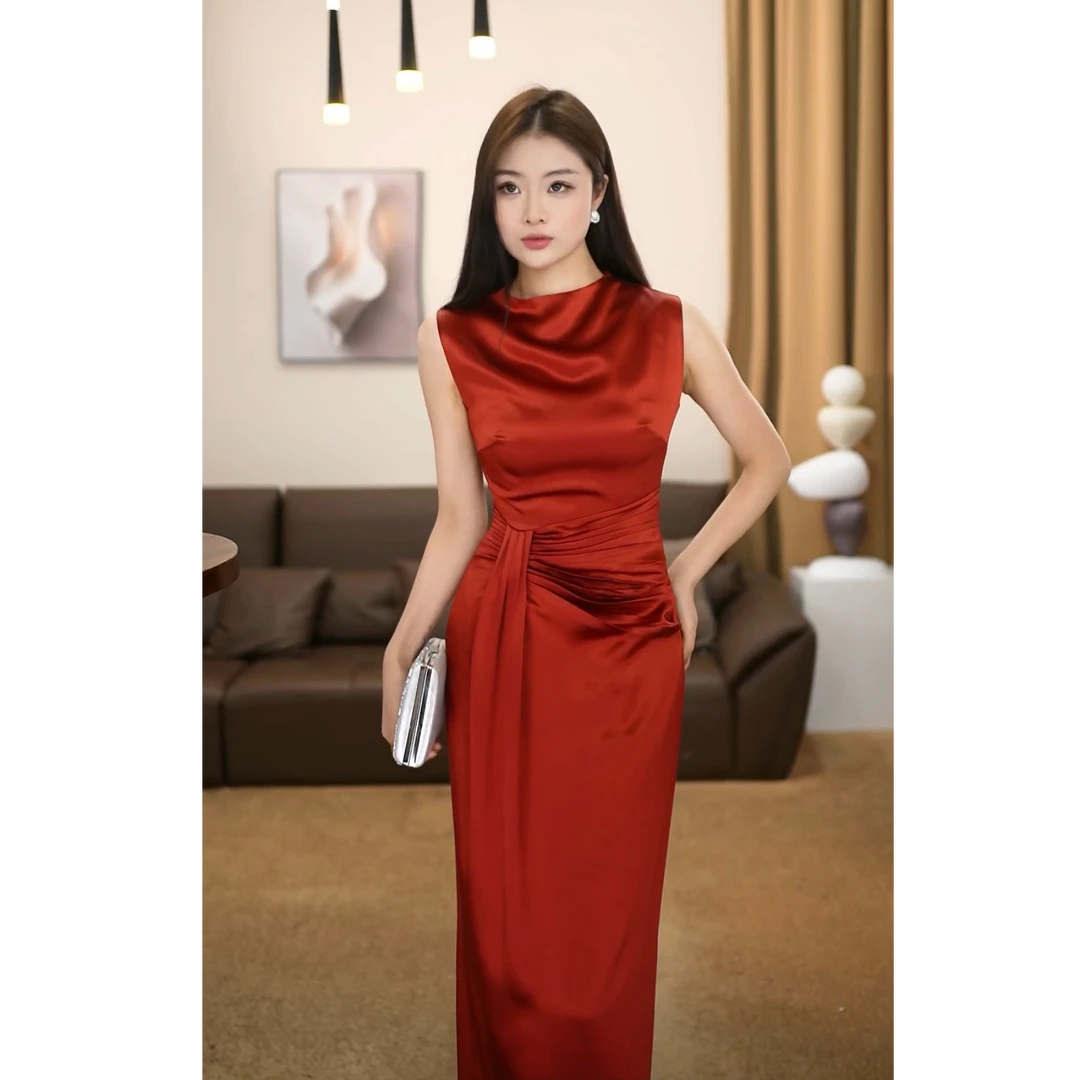 【爱笑】热舞派对 夏季新款醋酸礼服红色轻奢显瘦气质连衣裙-VG0138