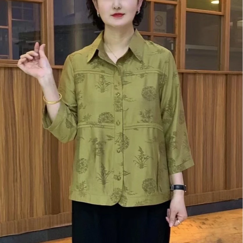 《专柜品质》春夏气质洋气显瘦休闲时尚复古百搭薄款印花妈妈上衣W