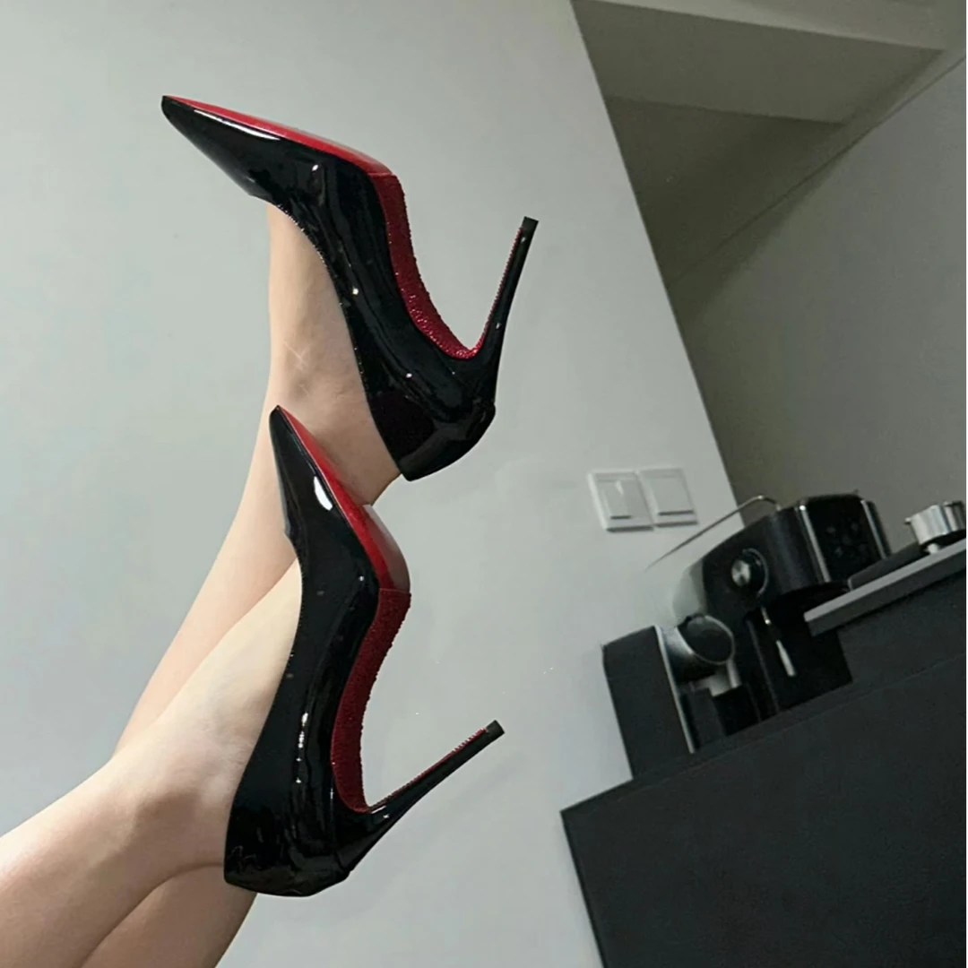 2024新款水钻底细跟侧空高跟鞋女性感漆皮浅口露趾尖头女单鞋