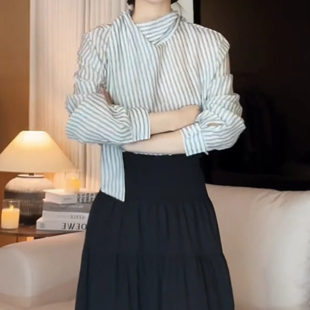 2025春款上新显瘦气质通勤条纹上衣飘带时尚设计感百搭长袖衬衫