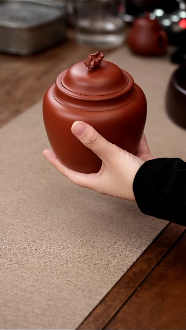 茶壶紫砂朱泥荷叶钮罐
