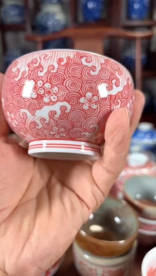 柴窑釉里红福山寿海杯杯
