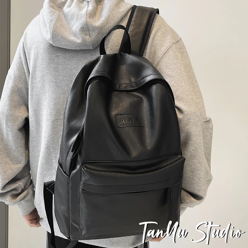 探屿书包女ins风 韩版大学生背包森系高级感PU皮潮酷百搭双肩包男