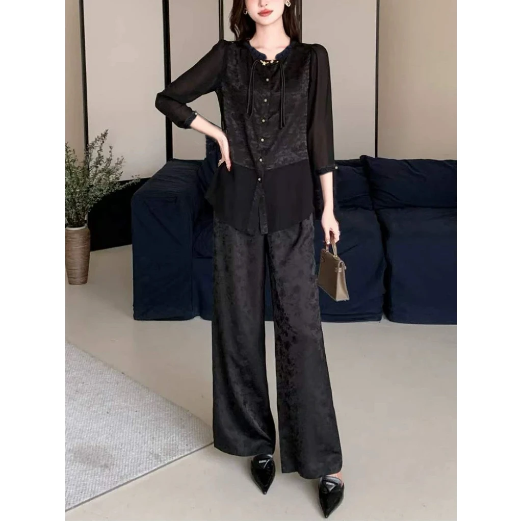 新中式国风长袖衬衫搭休闲阔腿裤两件套TA021