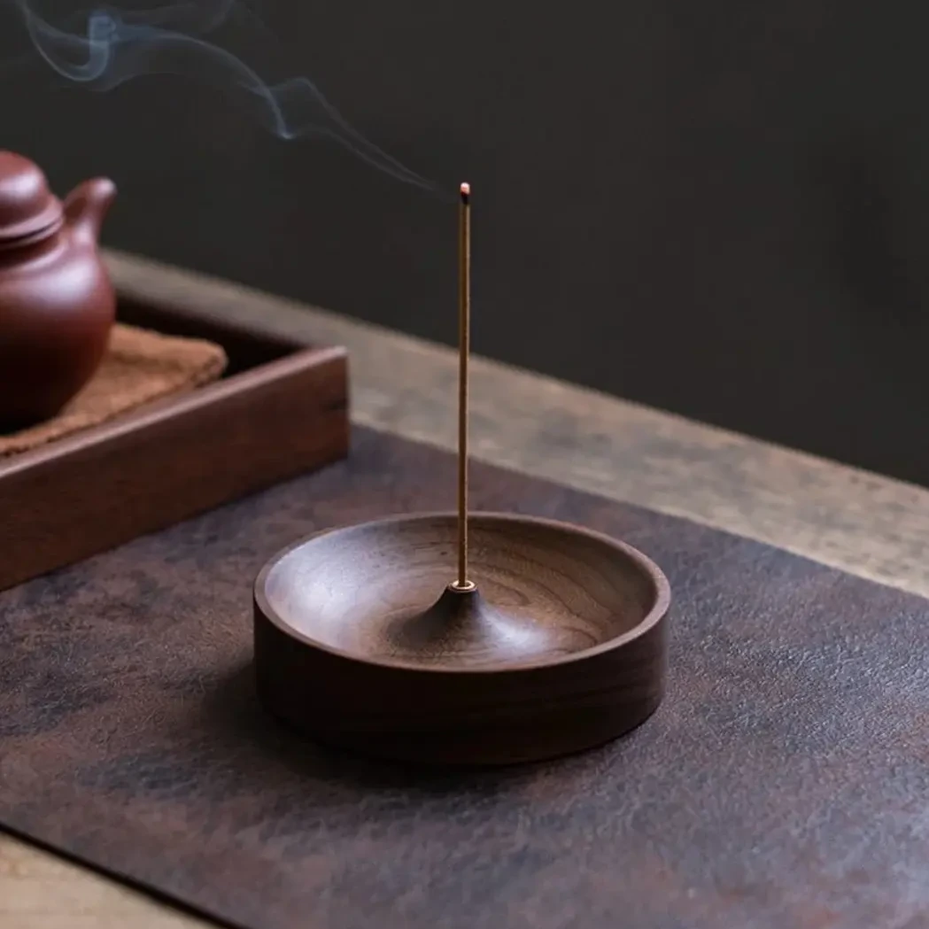 北美黑胡桃木实木线香家用线香插手工茶道圆形香炉香底座沉香盘托