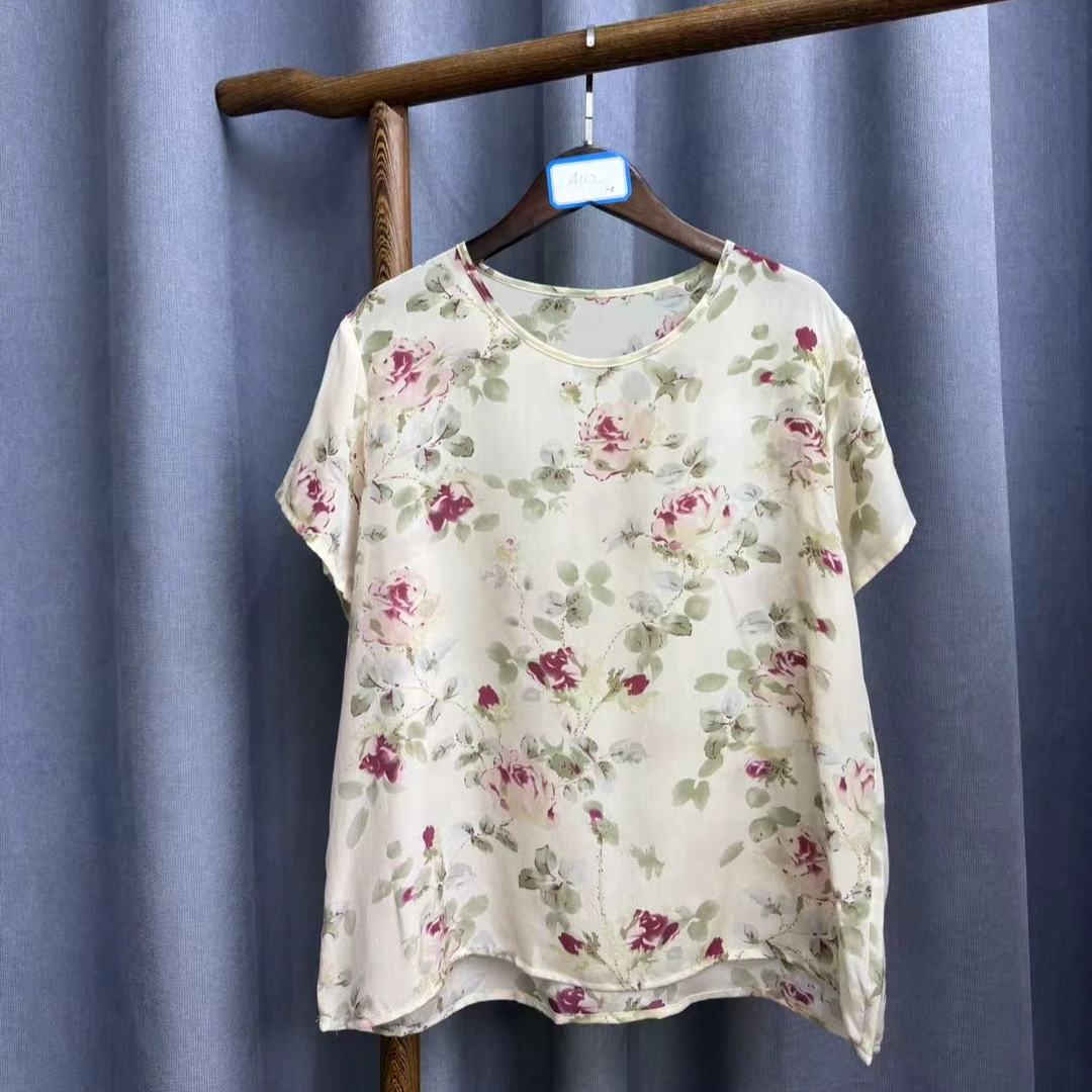 2025夏季新款时尚休闲宽松百搭圆领桑蚕丝双绉上衣短袖女A112