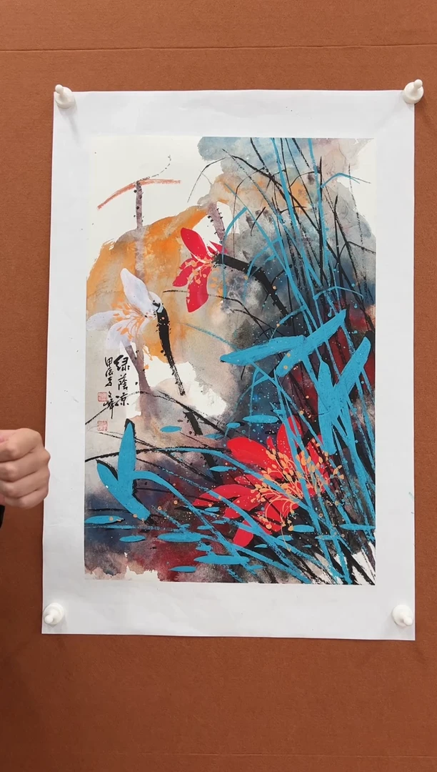 国画李文峰四尺三开亮彩荷花
