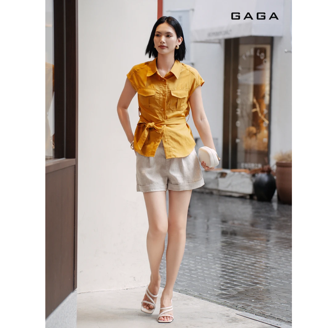 GAGA高级感夏季通勤宽松显瘦气质收腰翻领短袖衬衣G52T03003