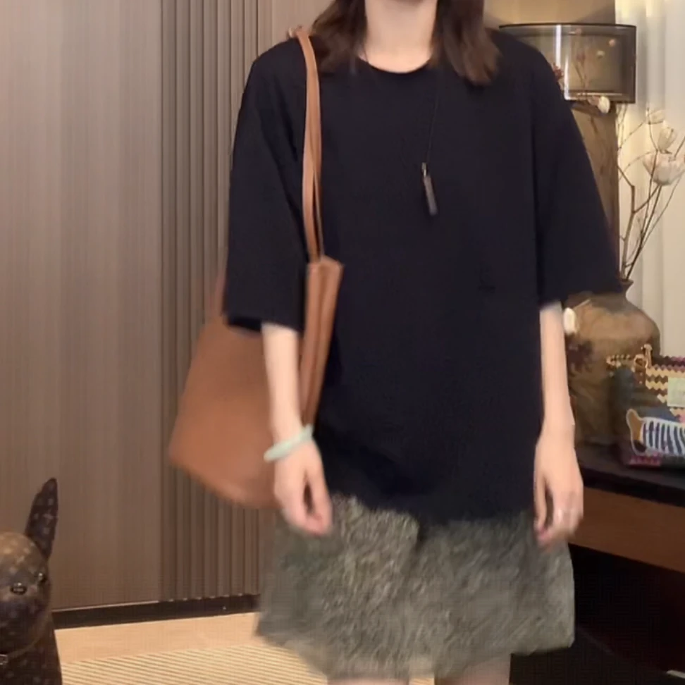 设计感下摆字母刺绣阔版短袖T恤女2025夏季新款休闲时尚减龄上衣