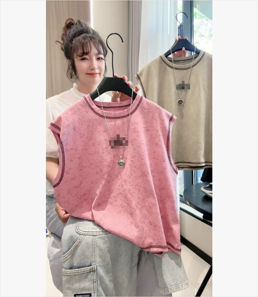 夏季新款百搭韩版宽松休闲中大童个性蜡染坎肩双纱纯棉刺绣背心