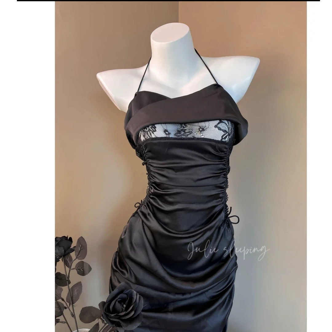 蓝秘奶盖-性感吊带露背睡裙褶皱收腰显瘦睡衣挂脖1612