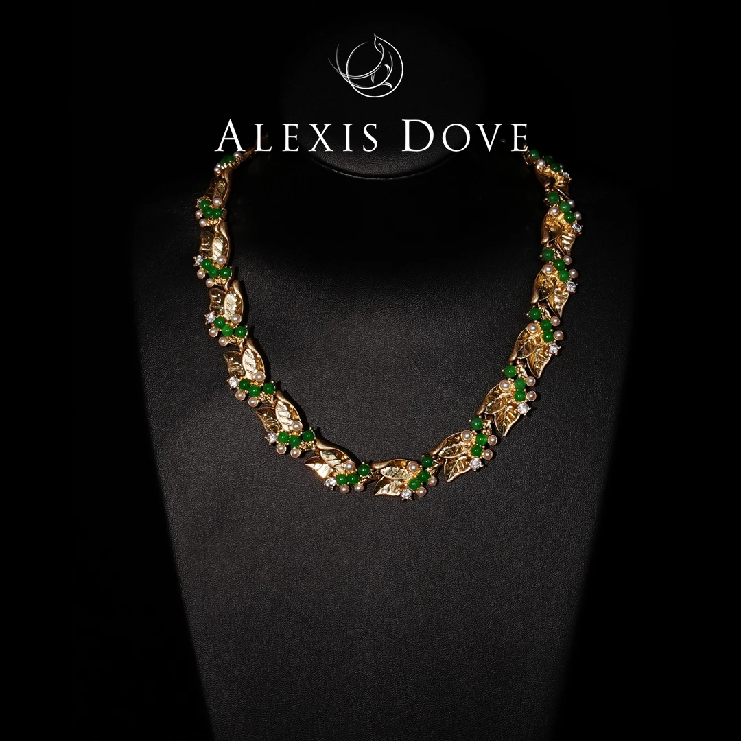 铜合金仿珍珠项链 复古重工树叶珠珠项链【乐亿】