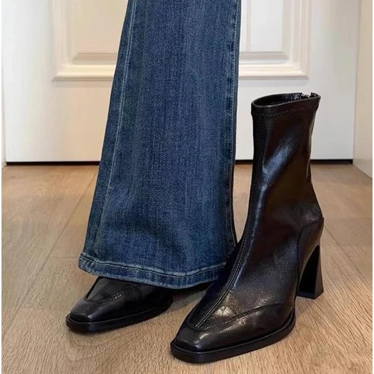 洋气高跟加绒粗跟瘦瘦靴短靴子女新款夏秋英伦风马丁靴小踝靴冬天