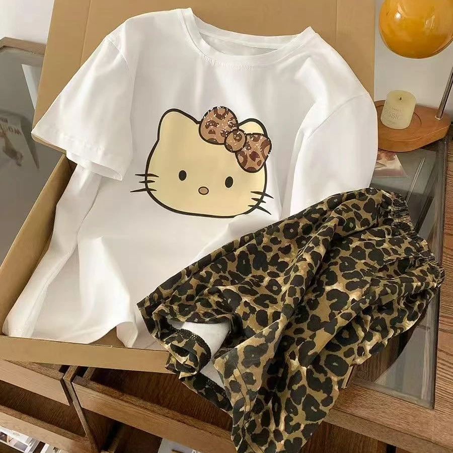 【豹纹Kitty猫】 短袖透气夏季女短裤睡衣家居服套装时尚lulu风日系