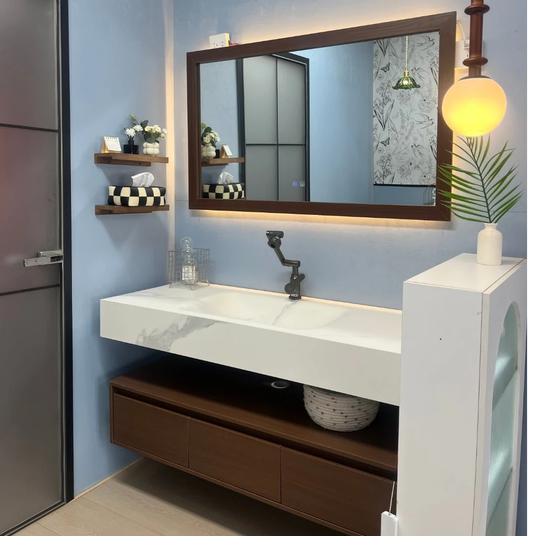 极简中古风（岩板陶瓷无缝一体盆）浴室柜组合镜片款卫生间洗漱台