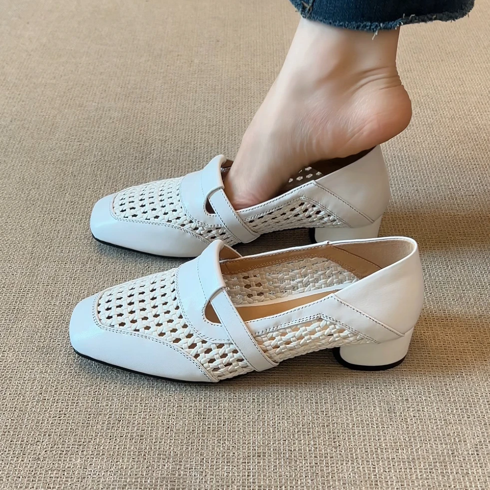 RubyL/3.5cm2025年夏季新款通勤百搭复古风编织方头粗跟单鞋女款