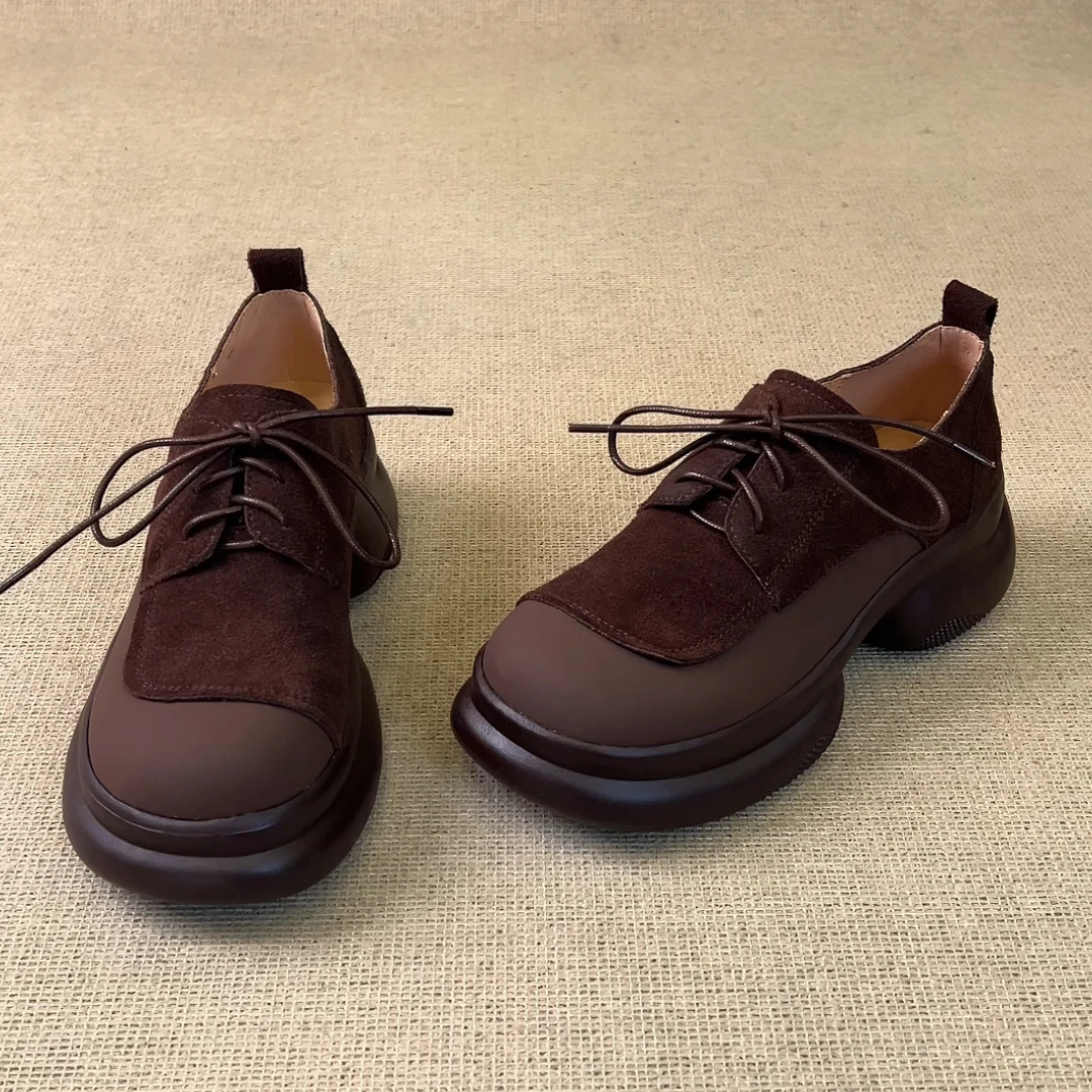 RubyL/6cm休闲通勤英伦风拼接绒面系带舒适圆头深口厚底单鞋女款