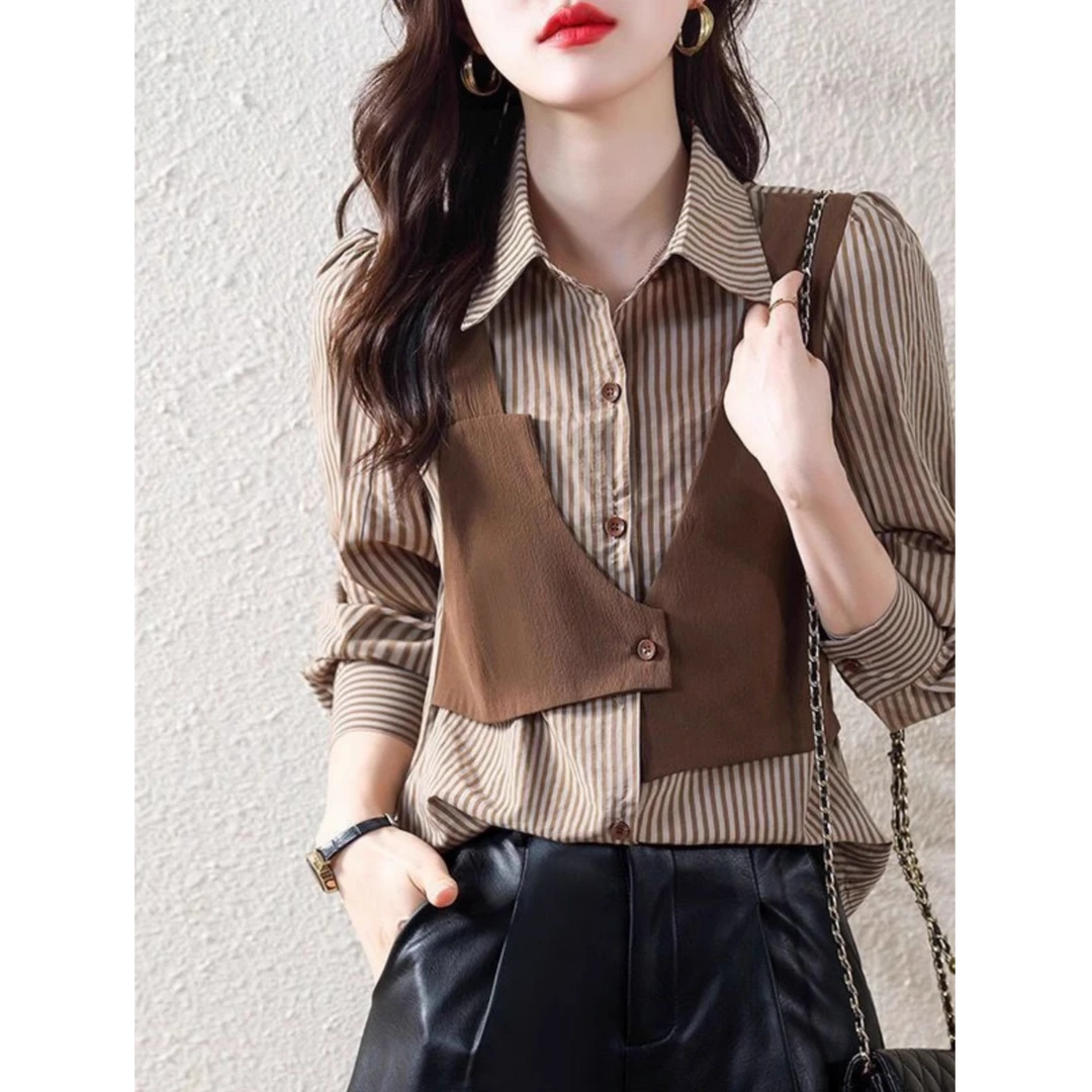 2025新款气质上衣设计感时尚女士衬衣百搭假两件格子衬衫女春秋装