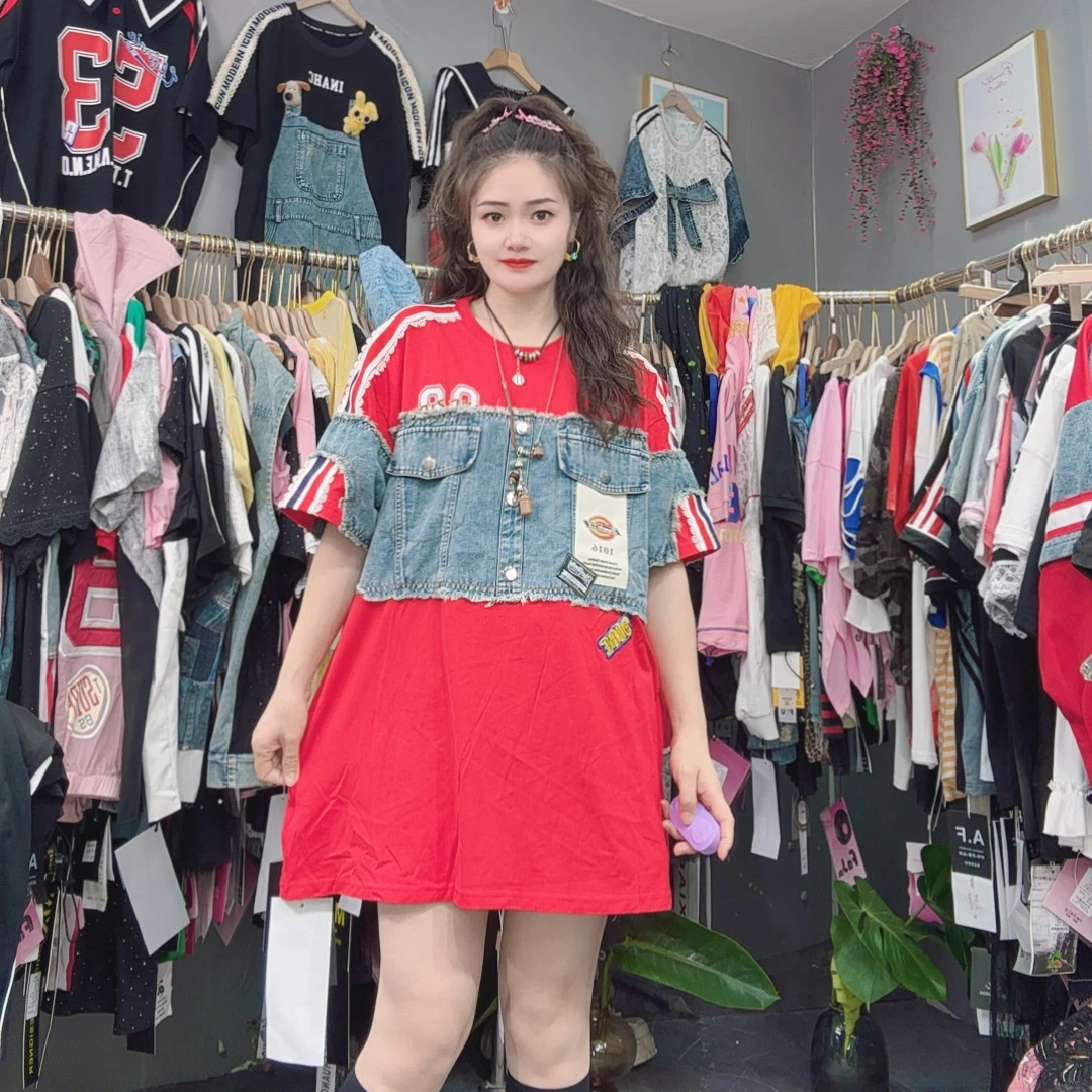 LY家58116#AF 牛仔拼接贴标宽松百搭休闲T恤