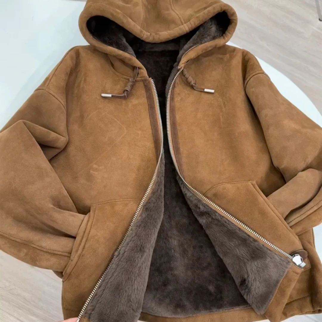 Mandsibil曼德西比利2025秋季棕色连帽皮毛一体小香风短款加厚女
