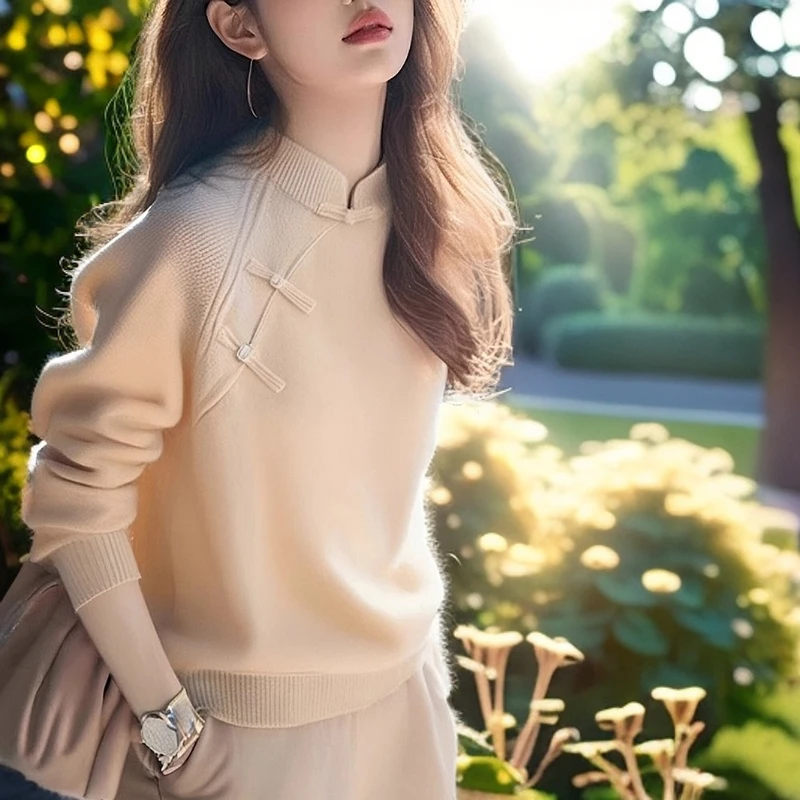 冬季高级感超好看别致独特盘扣新中式国风米白色立领毛衣针织衫女