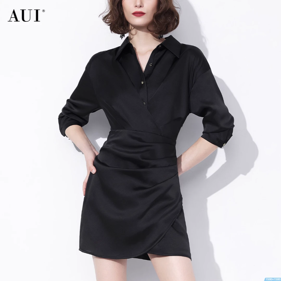 【小熊专属】AUI黑色缎面高级感衬衫POLO连衣裙女-23W012761