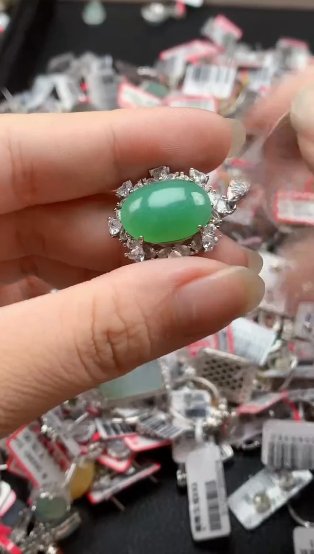 银S925镶嵌戒指翡翠天然A货缅甸翡翠