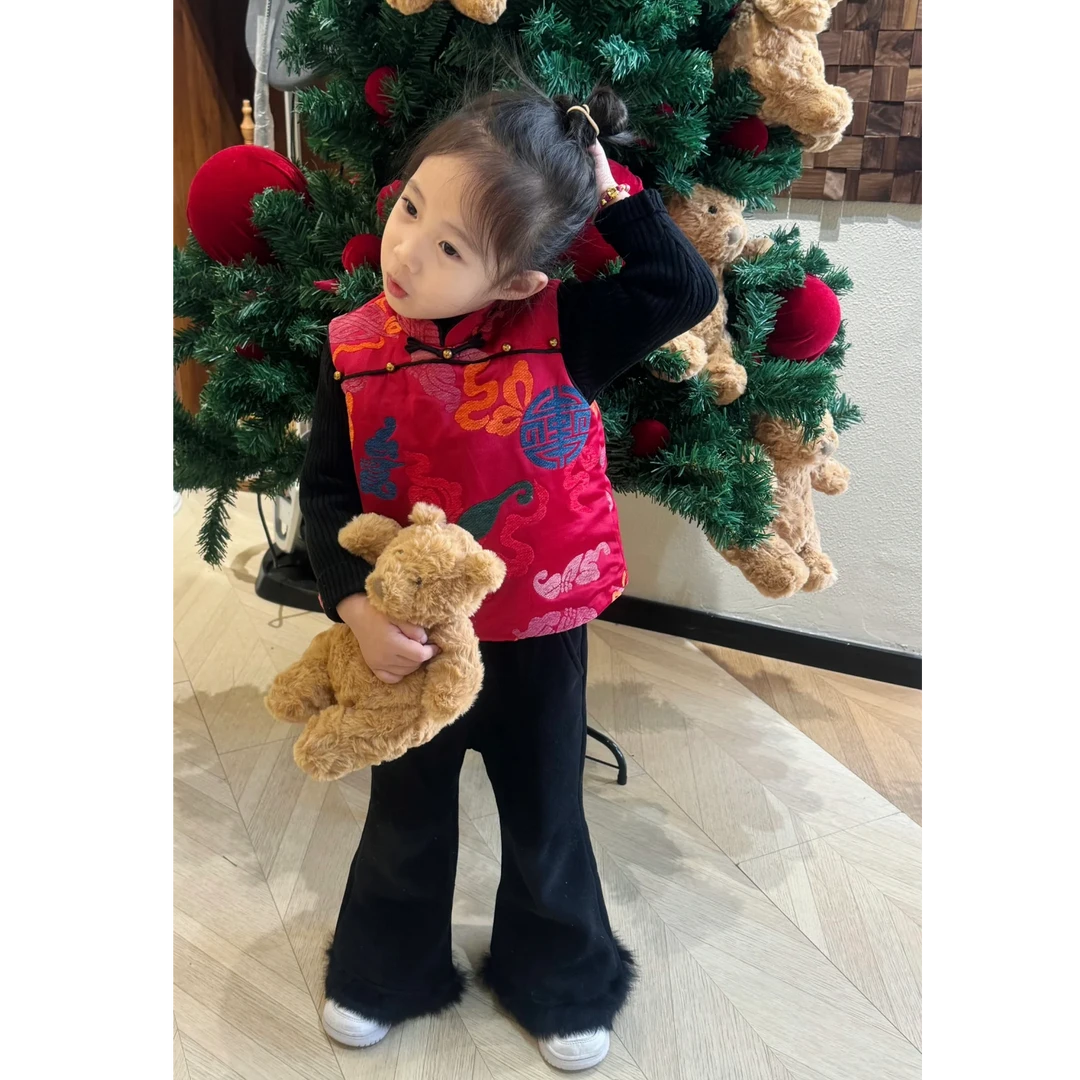 壹妈童装女童新年战袍春秋洋气儿童新中式红色马甲宝宝唐装拜年服