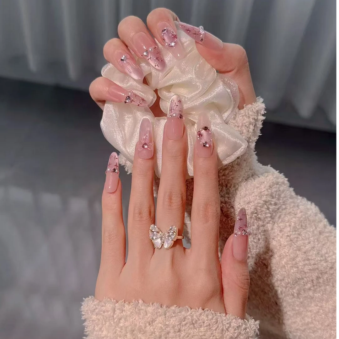 【甜心小香】 纯欲粉色渐变闪钻裸色高级感长款显白气质美甲穿戴甲