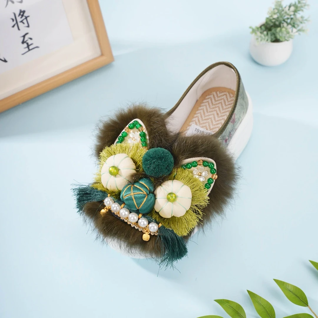 2025年新款升级兔毛绿色虎头鞋民族风纯手工布鞋包包厚底增高女鞋