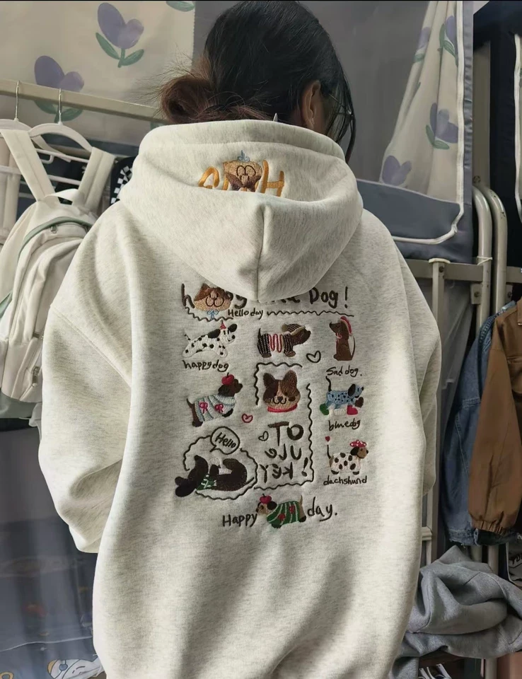 美式潮牌重工小狗刺绣连帽卫衣男女设计感小众宽松休闲情侣外套薄