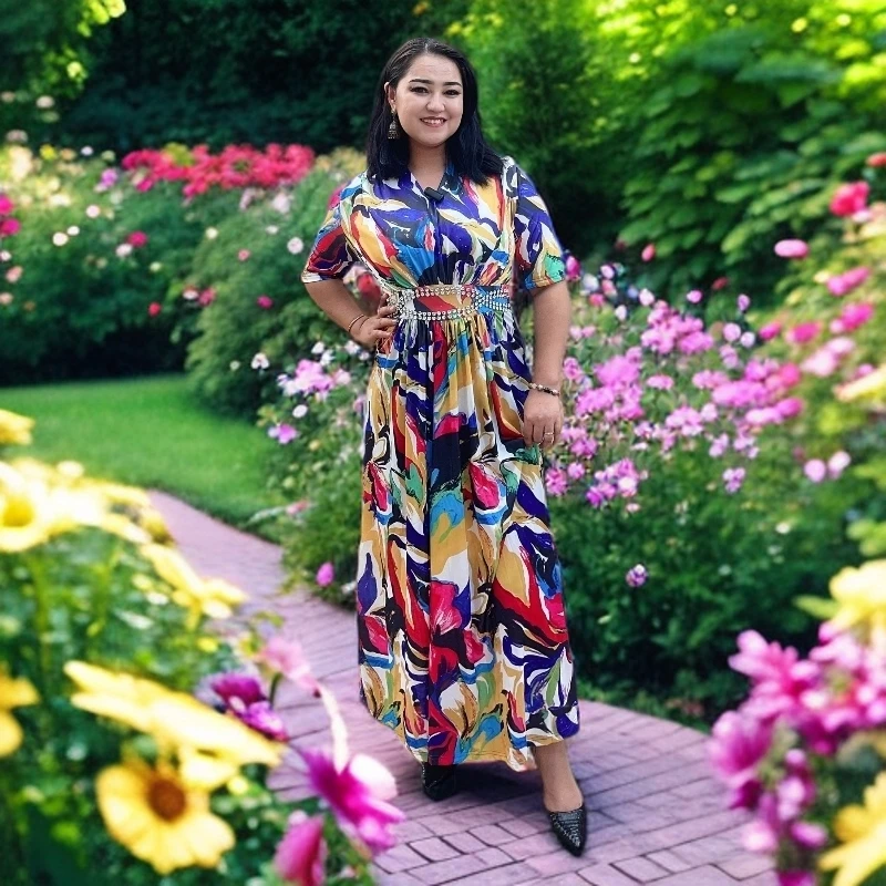 韩版V领长裙拼接连衣裙A型裙显瘦女士裙子时尚印花MUZ Beg SA