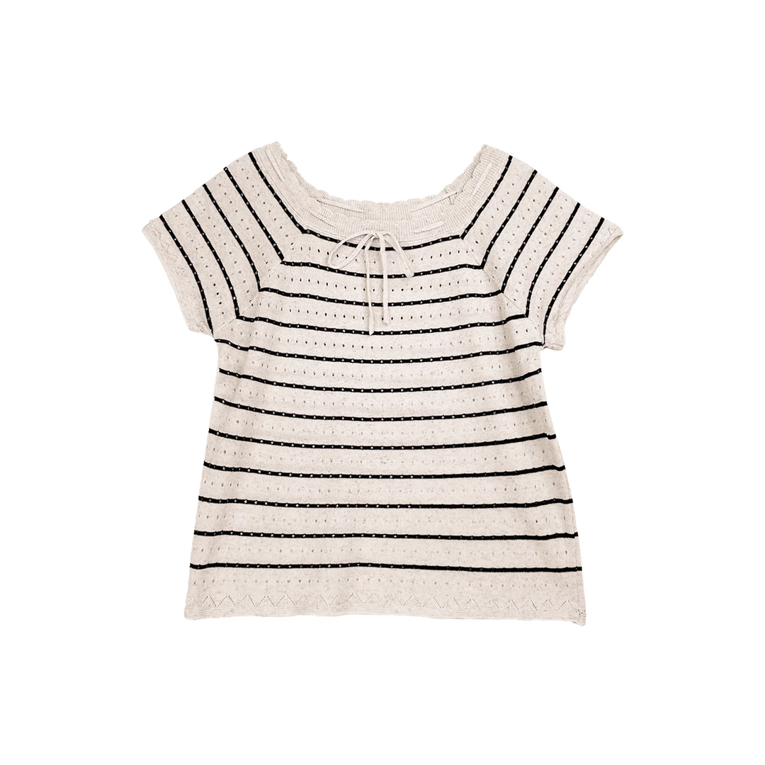 1法式方领针织短袖t恤女冰丝薄款镂空夏季小个子短款上衣