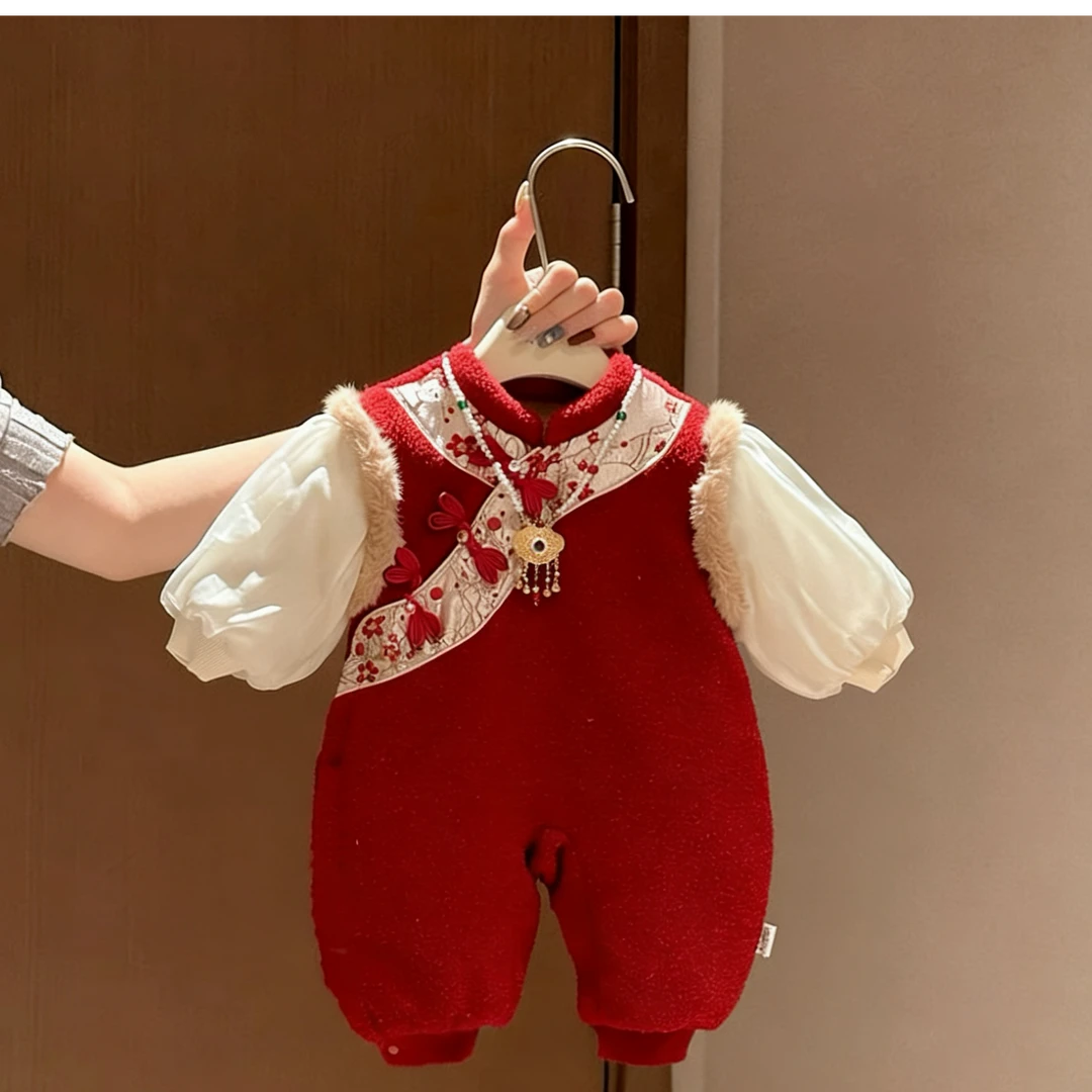 女宝宝中国风红色加厚棉服冬季新年拜年服盘扣刺绣连体衣