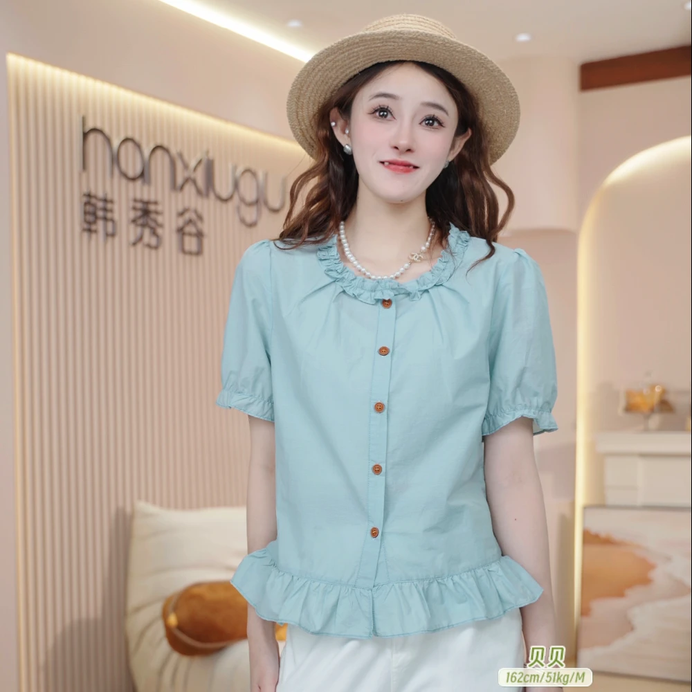 气质时尚百搭短袖木耳边圆领衬衫女2025夏季新款显瘦减龄上衣B650
