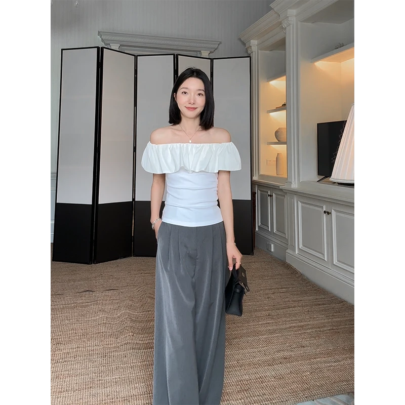 郭九九呢 棉质一字肩荷叶边拼接上衣休闲直筒阔腿裤 G925U07843