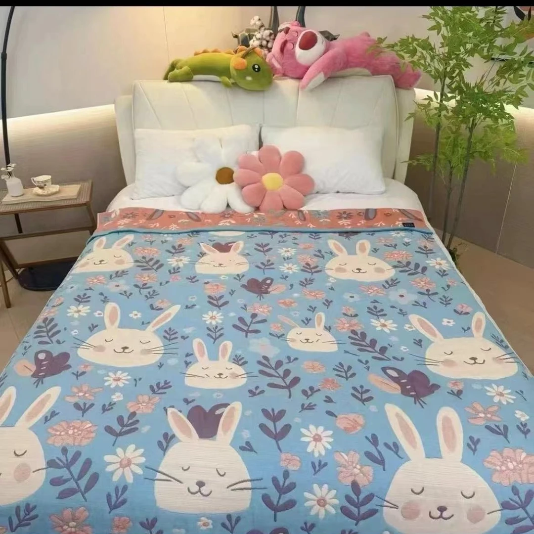 【花朵微笑兔】多功能纯棉纱布盖毯--200*230