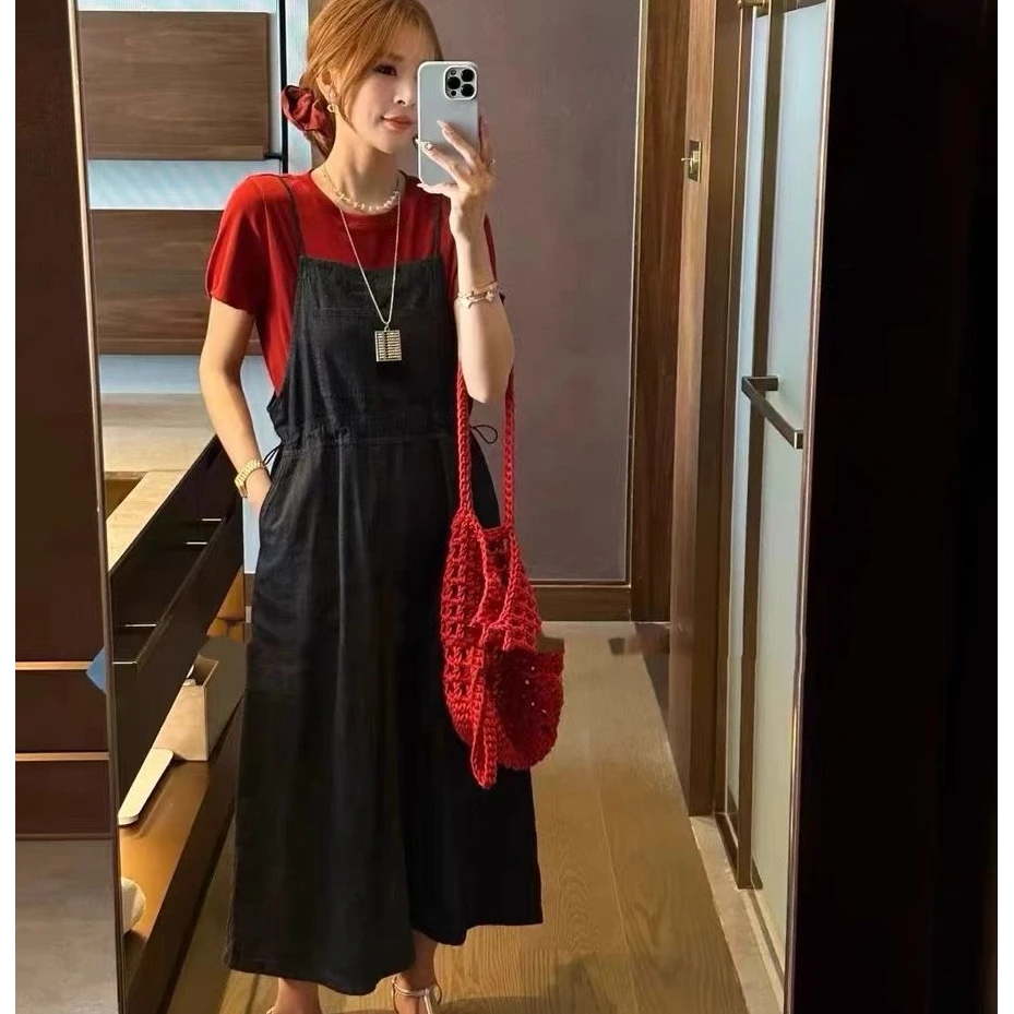 时尚连衣裙套装女2025夏季新款显瘦短袖上衣+牛仔背带裙两件套裙