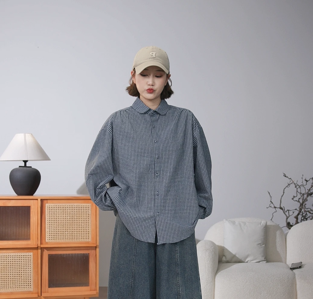 秋季日系慵懒感减龄宽松小格子衬衫