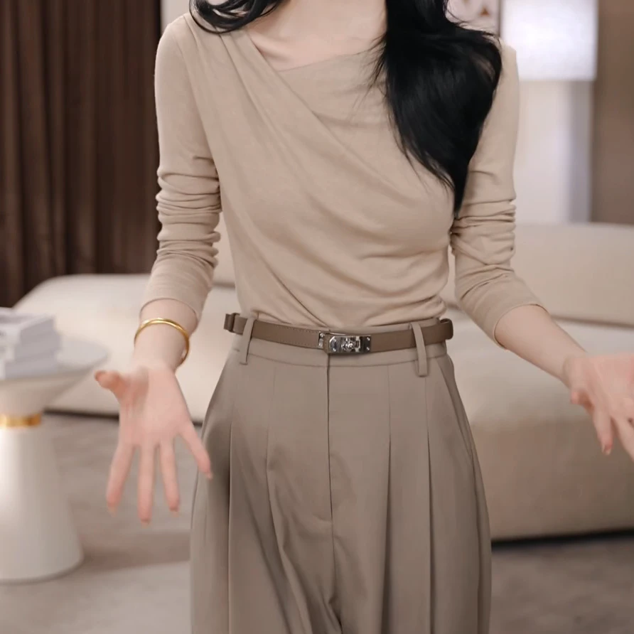 设计感长袖T恤女新款常规显瘦打底衫上衣C5905