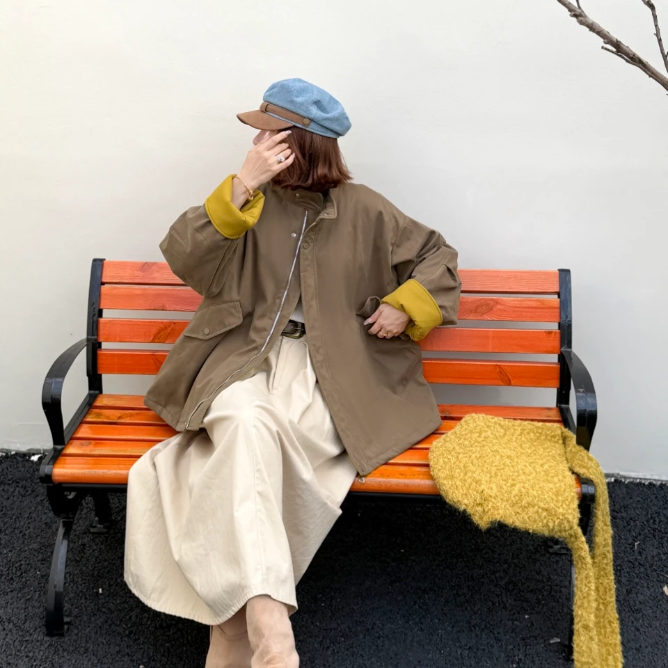 秋款尝新价-韩版巴恩风立领格子袖棉服冲锋衣