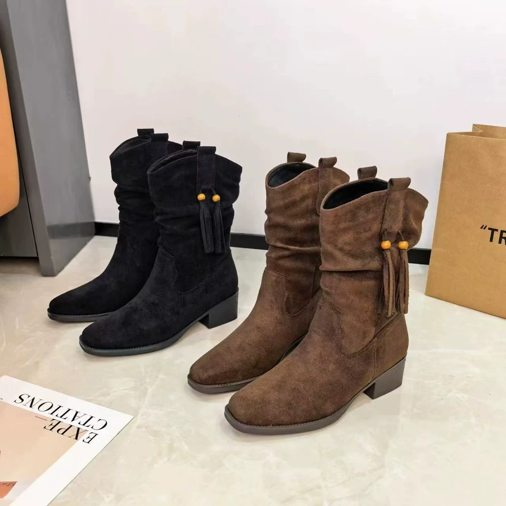 新款中筒靴舒适时尚粗跟舒适不累脚短靴602(短靴，不加绒)