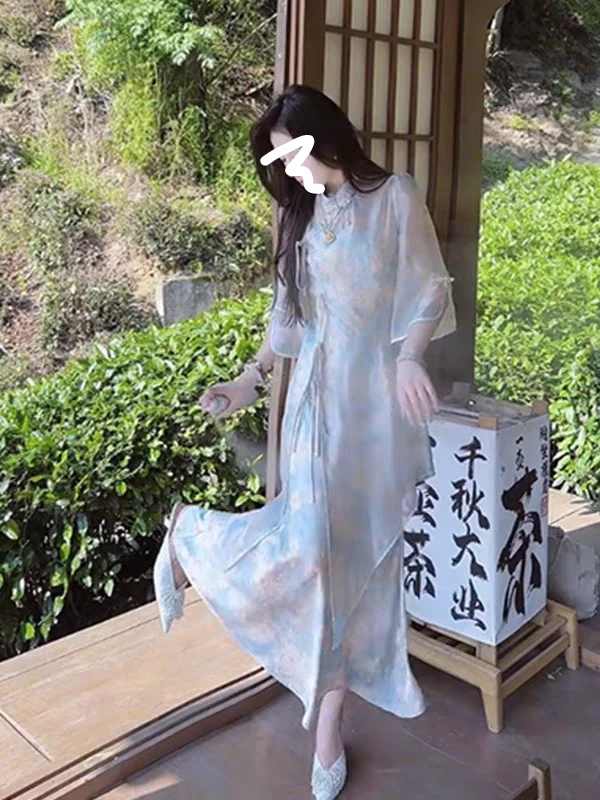 新中式气质国风清冷感套装裙2025夏季新款仙气吊带裙旗袍罩衫女装