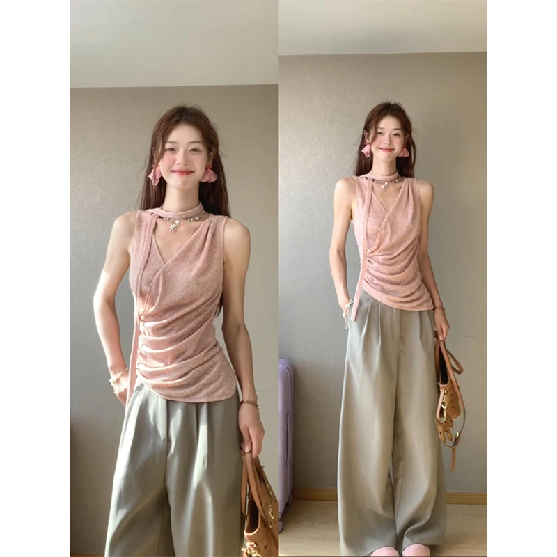 夏日穿搭套装设计感下摆粉色气质吊带上衣女法式内搭显瘦阔腿裤