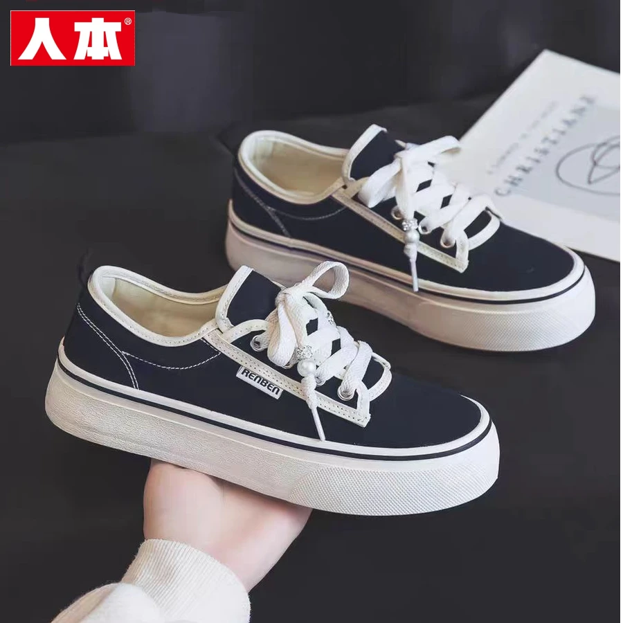人本帆布鞋女款2025爆款鞋子女ins潮百搭平底出游厚底时尚鞋子