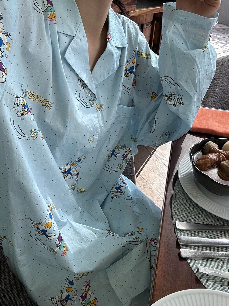 ins风可爱卡通唐老鸭印花睡衣女春秋新款少女学生慵懒风家居服