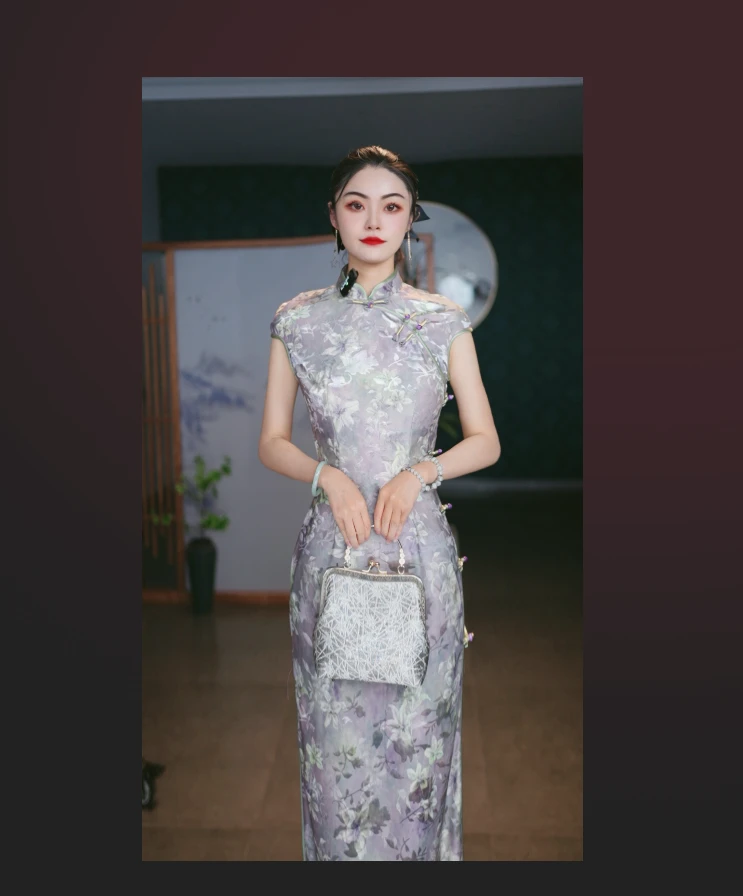 印花包臀裙斜襟日常立领长裙旗袍少女提花中国风2025新款