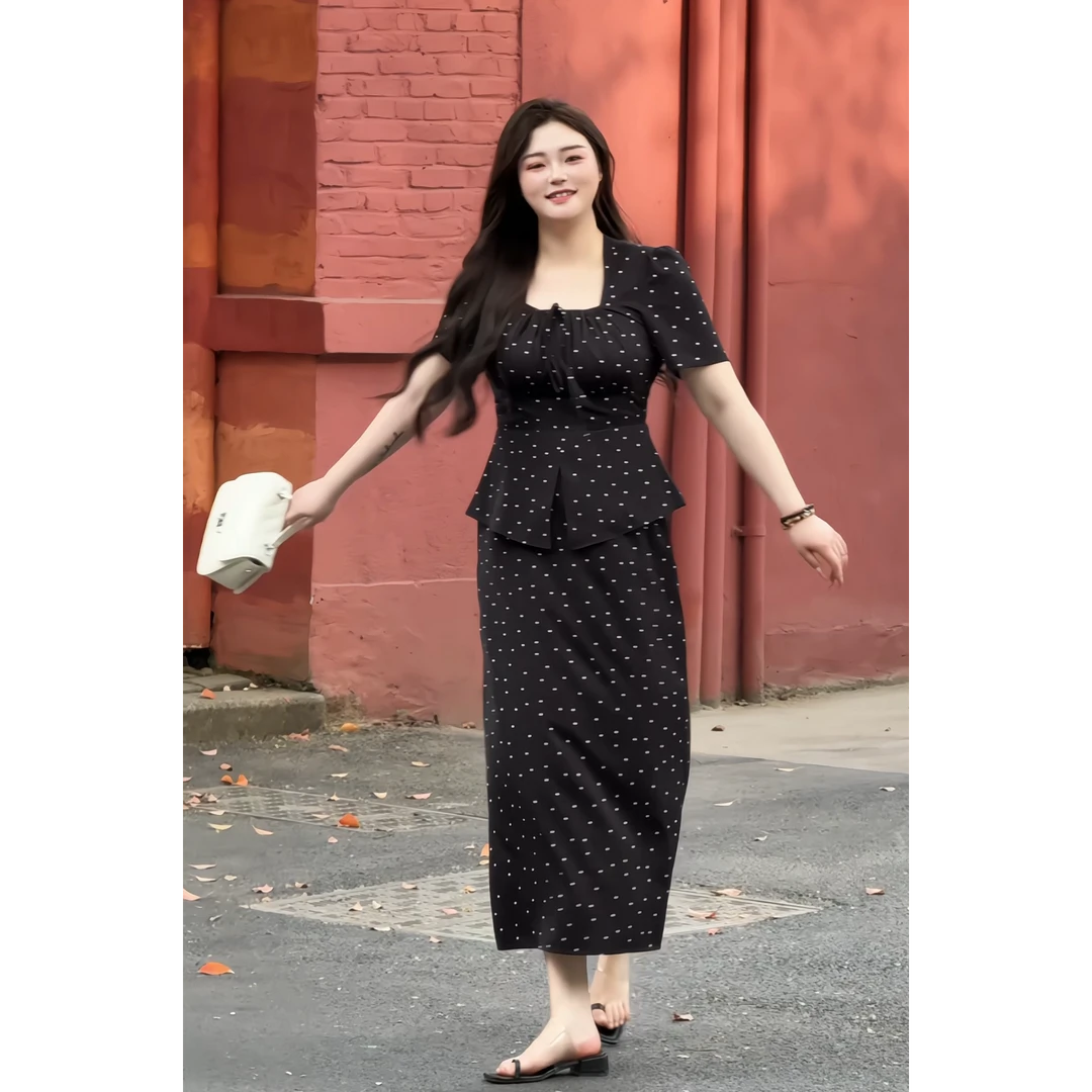 大雯子微胖定制~【JWT1129】夏款显瘦气质高腰黑色法式日常连衣裙